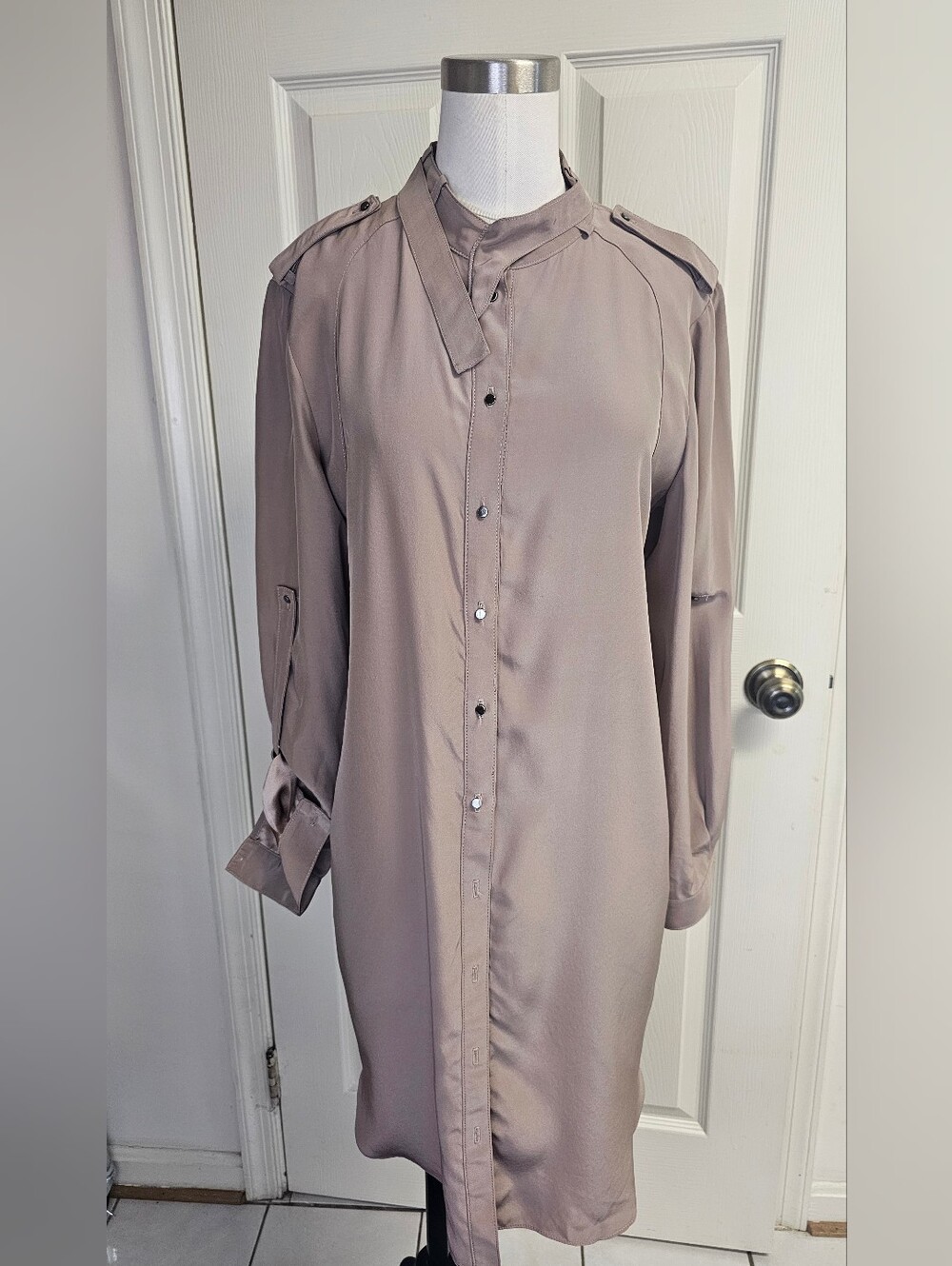 Amanda Uprichard Silk Drop Waist Roll Tab Utility Shirt Dress Taupe Size S
